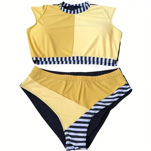 Plus 4XL Sport Luxe Colorblock High Neck Bikini Set Swimwear - Picture 3 of 7